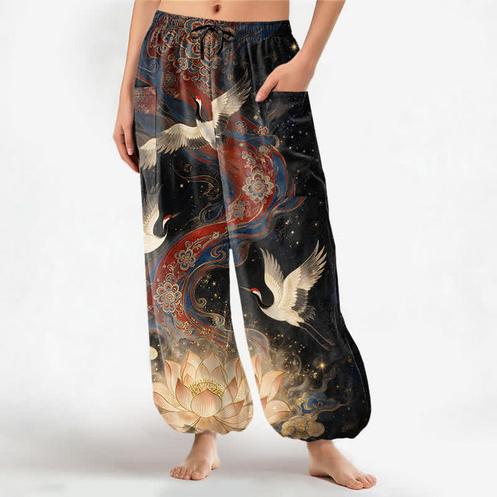 Buddha Stones Cotton Ornamental Crane Lotus Pattern Women's Elastic Waist Harem Pants With Side Pockets - Black - US16，UK/AU20，EU48 (3XL) - image 0