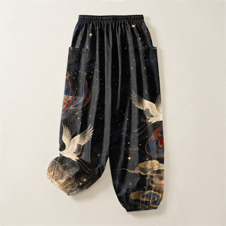 Buddha Stones Cotton Ornamental Crane Lotus Pattern Women's Elastic Waist Harem Pants With Side Pockets - image 4
