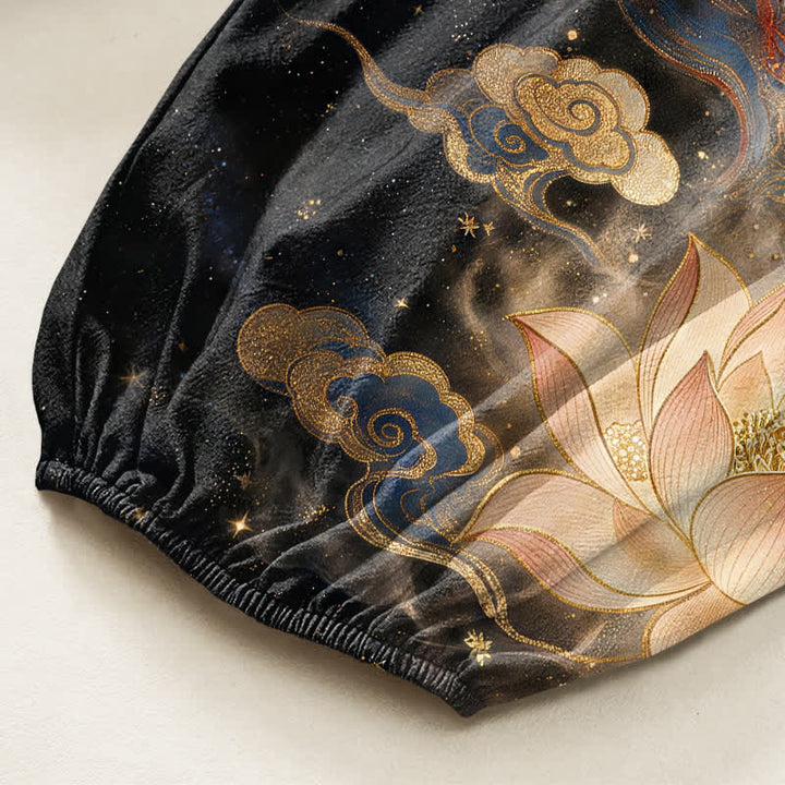 Buddha Stones Cotton Ornamental Crane Lotus Pattern Women's Elastic Waist Harem Pants With Side Pockets - image 6