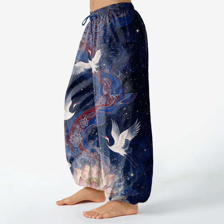 Buddha Stones Cotton Ornamental Crane Lotus Pattern Women's Elastic Waist Harem Pants With Side Pockets - image 8