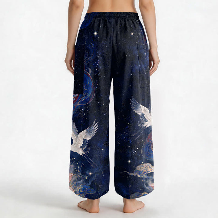 Buddha Stones Cotton Ornamental Crane Lotus Pattern Women's Elastic Waist Harem Pants With Side Pockets - image 9
