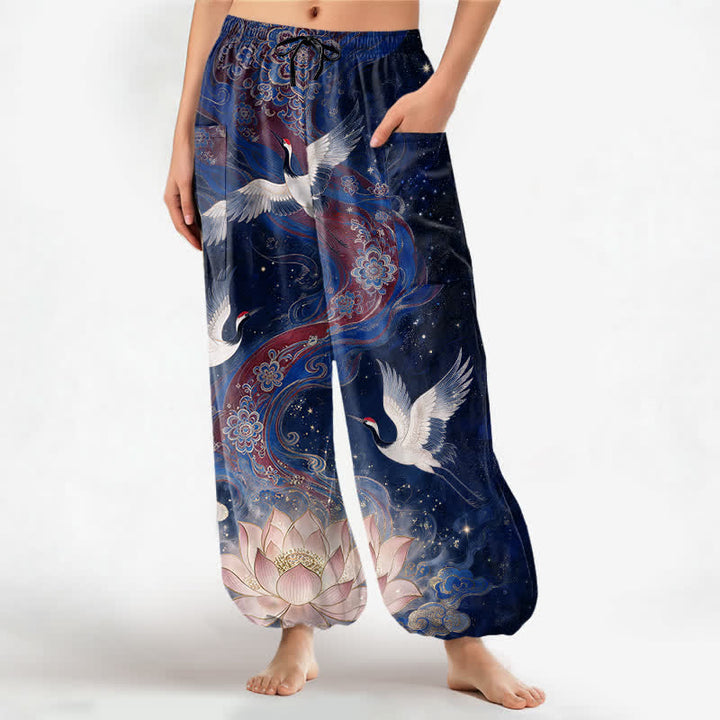 Buddha Stones Cotton Ornamental Crane Lotus Pattern Women's Elastic Waist Harem Pants With Side Pockets - Navy - US16，UK/AU20，EU48 (3XL) - image 7