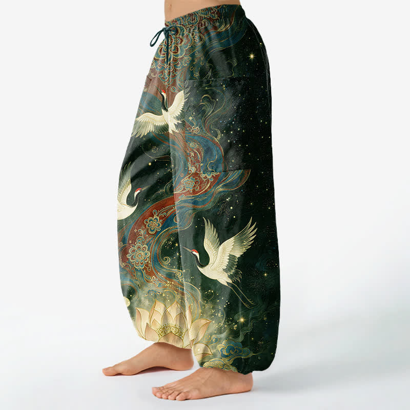 Buddha Stones Cotton Ornamental Crane Lotus Pattern Women's Elastic Waist Harem Pants With Side Pockets - image 11