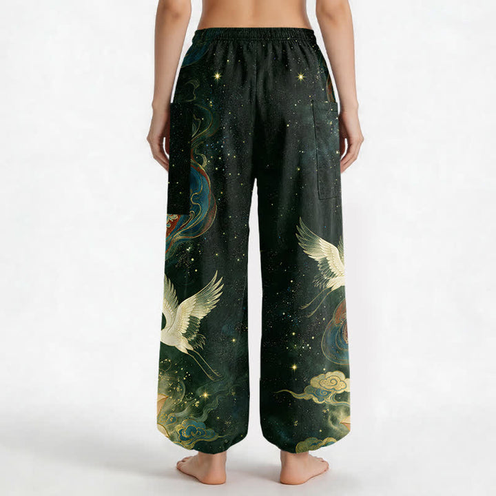 Buddha Stones Cotton Ornamental Crane Lotus Pattern Women's Elastic Waist Harem Pants With Side Pockets - image 12