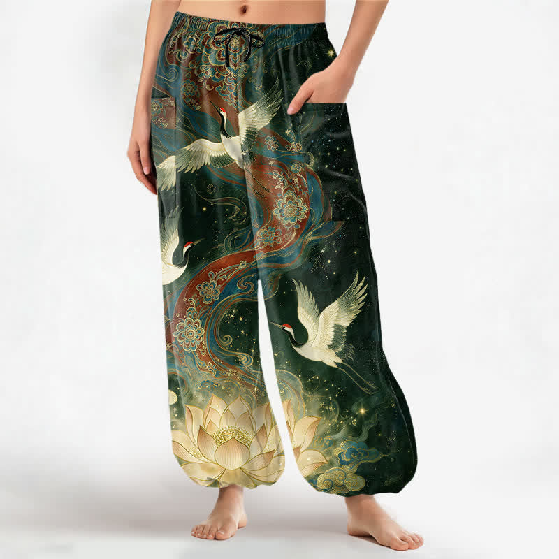 Buddha Stones Cotton Ornamental Crane Lotus Pattern Women's Elastic Waist Harem Pants With Side Pockets - DarkGreen - US16，UK/AU20，EU48 (3XL) - image 10