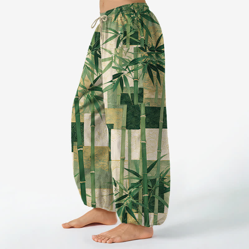 Buddha Stones Cotton Bamboo Grove Patchwork Pattern Women's Elastic Waist Harem Pants With Side Pockets - image 1