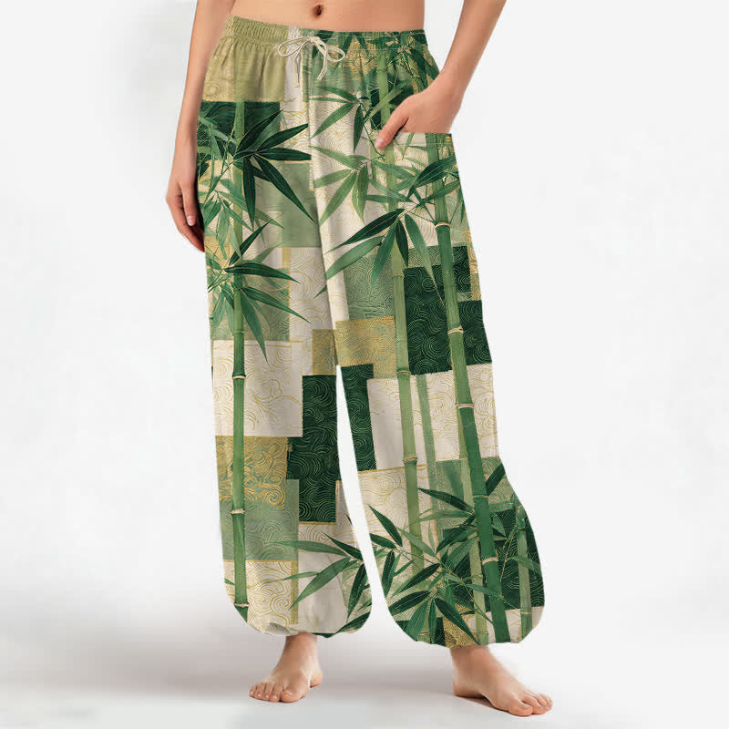 Buddha Stones Cotton Bamboo Grove Patchwork Pattern Women's Elastic Waist Harem Pants With Side Pockets - ForestGreen - US16，UK/AU20，EU48 (3XL) - image 0