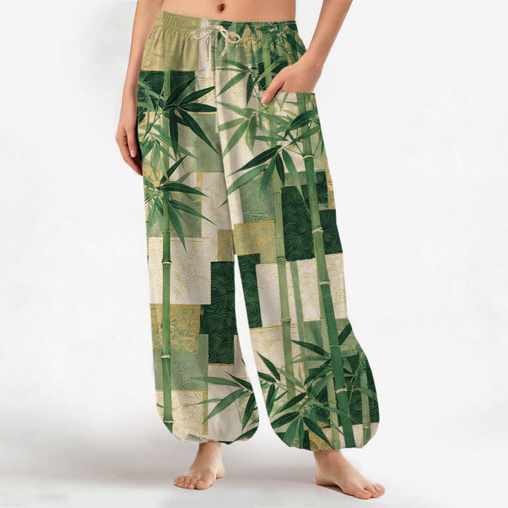 Buddha Stones Cotton Bamboo Grove Patchwork Pattern Women's Elastic Waist Harem Pants With Side Pockets - ForestGreen - US16，UK/AU20，EU48 (3XL) - image 0