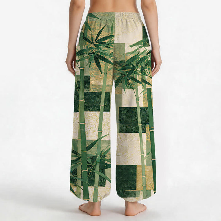Buddha Stones Cotton Bamboo Grove Patchwork Pattern Women's Elastic Waist Harem Pants With Side Pockets - image 2