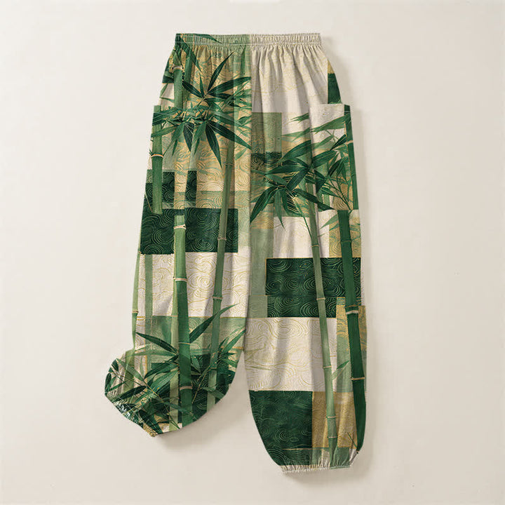 Buddha Stones Cotton Bamboo Grove Patchwork Pattern Women's Elastic Waist Harem Pants With Side Pockets - image 4