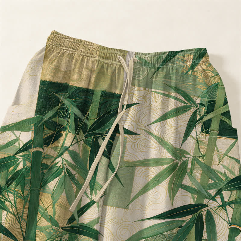 Buddha Stones Cotton Bamboo Grove Patchwork Pattern Women's Elastic Waist Harem Pants With Side Pockets - image 5