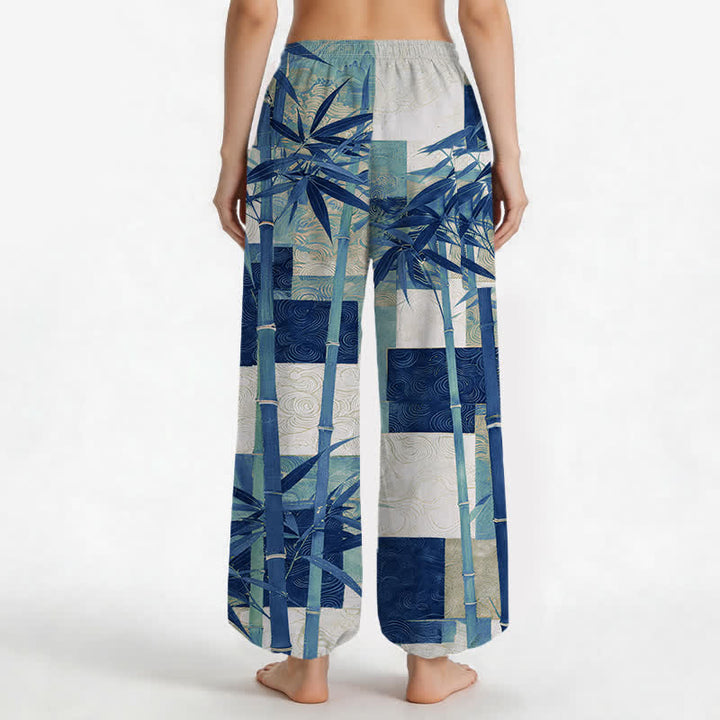 Buddha Stones Cotton Bamboo Grove Patchwork Pattern Women's Elastic Waist Harem Pants With Side Pockets - image 9