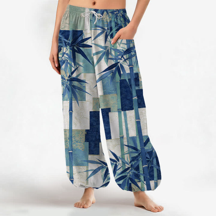 Buddha Stones Cotton Bamboo Grove Patchwork Pattern Women's Elastic Waist Harem Pants With Side Pockets - MediumBlue - US16，UK/AU20，EU48 (3XL) - image 7