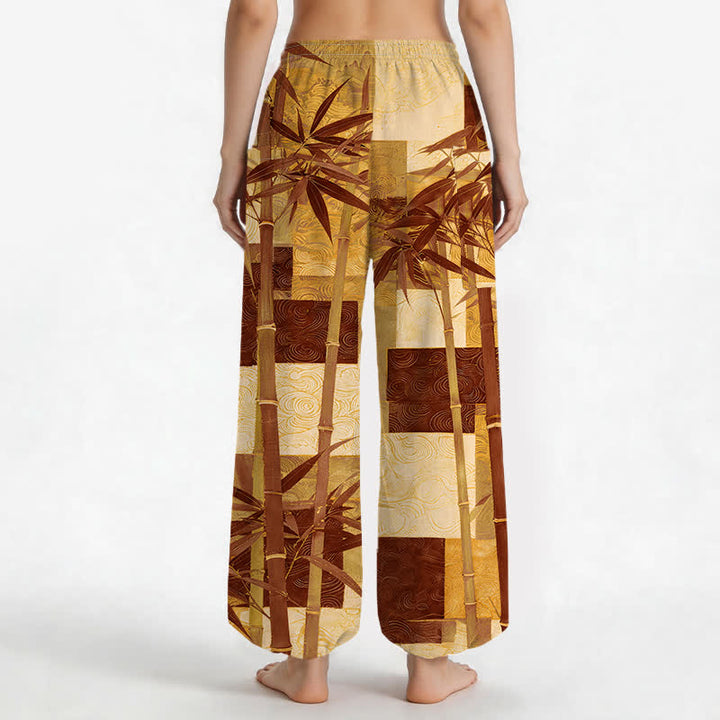 Buddha Stones Cotton Bamboo Grove Patchwork Pattern Women's Elastic Waist Harem Pants With Side Pockets - image 12