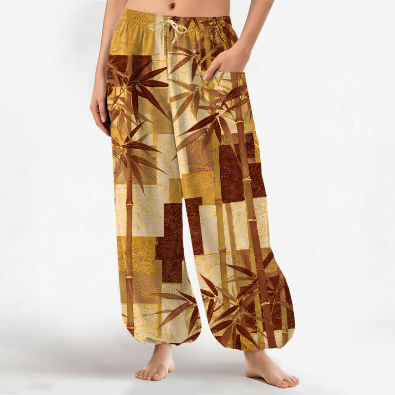 Buddha Stones Cotton Bamboo Grove Patchwork Pattern Women's Elastic Waist Harem Pants With Side Pockets - Goldenrod - US16，UK/AU20，EU48 (3XL) - image 10