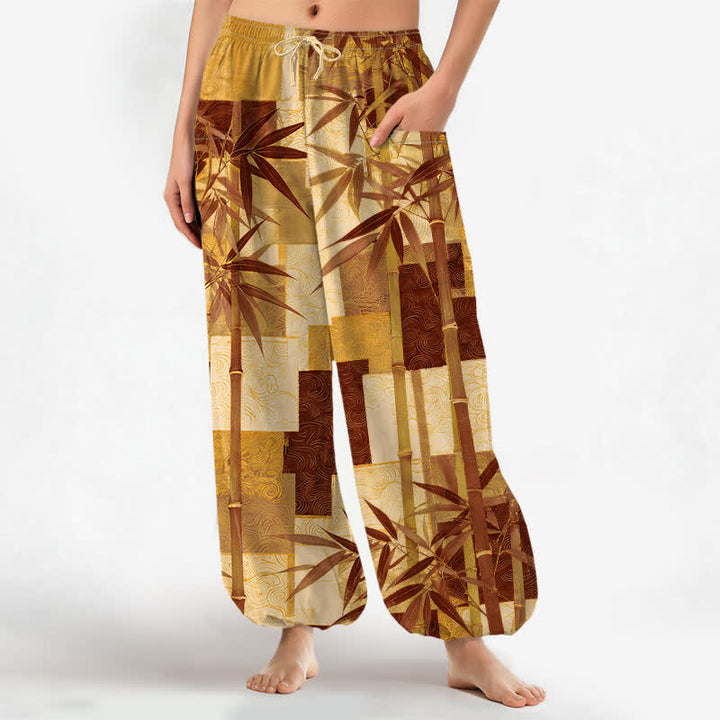 Buddha Stones Cotton Bamboo Grove Patchwork Pattern Women's Elastic Waist Harem Pants With Side Pockets - Goldenrod - US16，UK/AU20，EU48 (3XL) - image 10