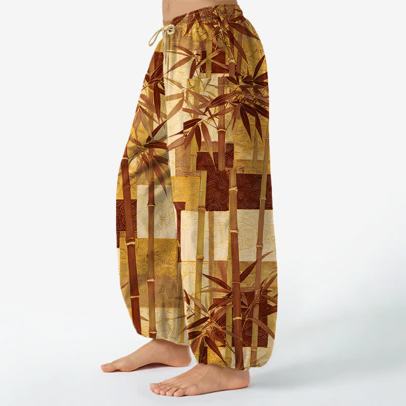 Buddha Stones Cotton Bamboo Grove Patchwork Pattern Women's Elastic Waist Harem Pants With Side Pockets - image 11