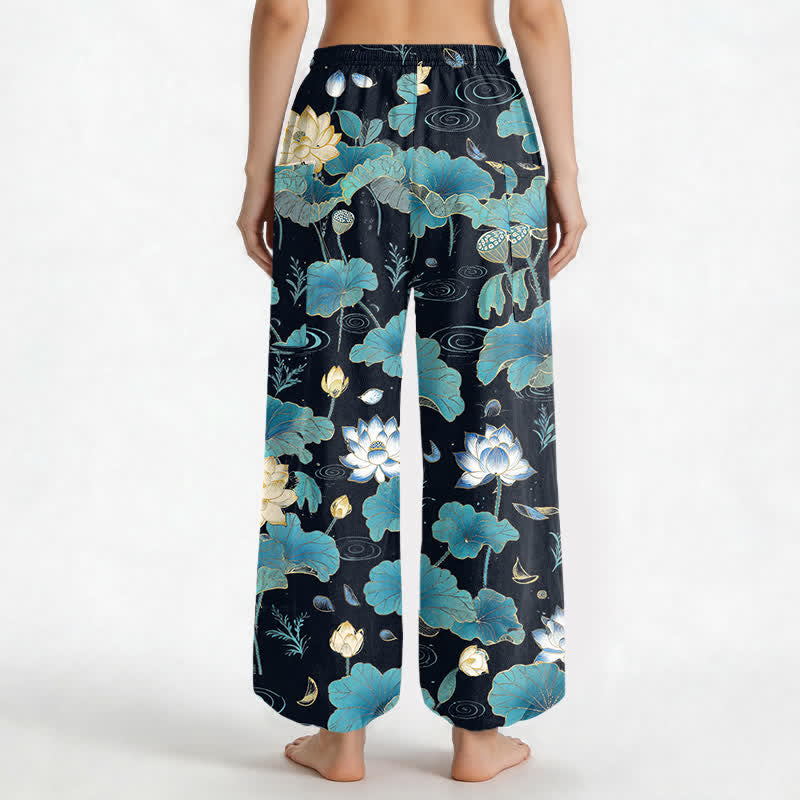 Buddha Stones Cotton Lotus Leaf Blossom Pattern Women's Elastic Waist Harem Pants With Side Pockets - image 2
