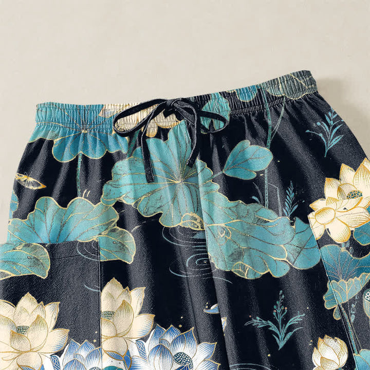 Buddha Stones Cotton Lotus Leaf Blossom Pattern Women's Elastic Waist Harem Pants With Side Pockets - image 5