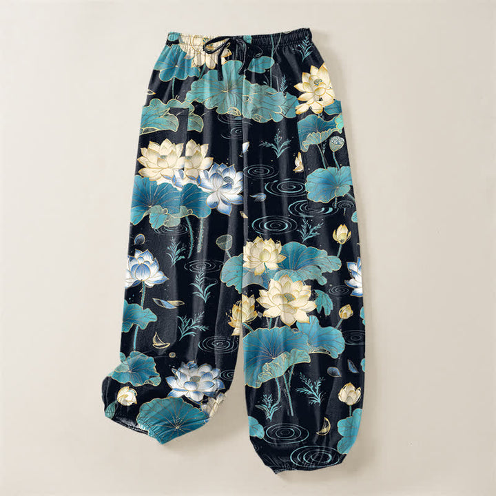 Buddha Stones Cotton Lotus Leaf Blossom Pattern Women's Elastic Waist Harem Pants With Side Pockets - image 3