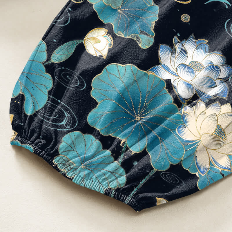 Buddha Stones Cotton Lotus Leaf Blossom Pattern Women's Elastic Waist Harem Pants With Side Pockets - image 6