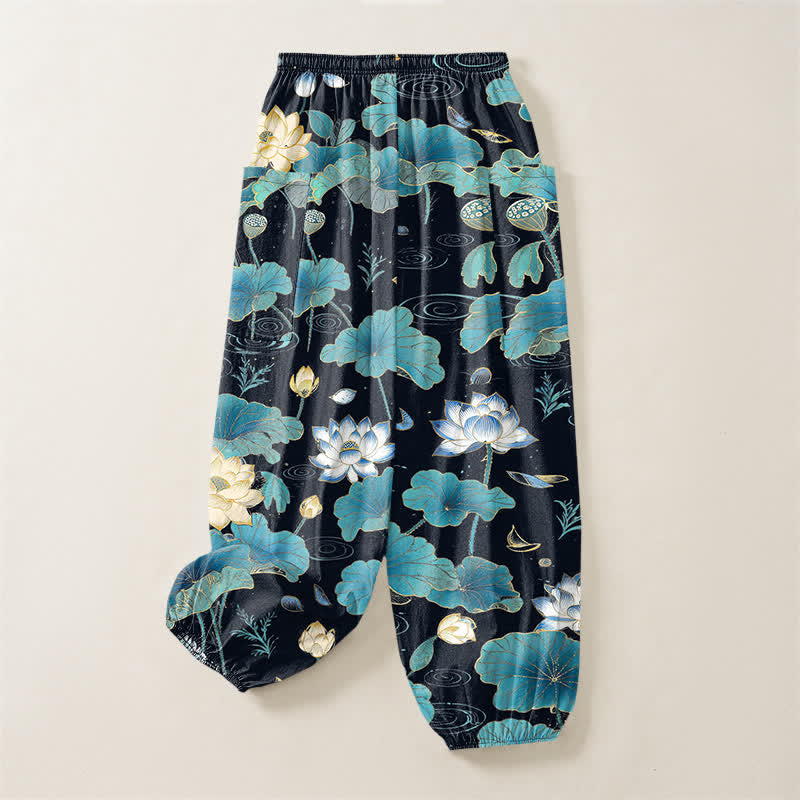 Buddha Stones Cotton Lotus Leaf Blossom Pattern Women's Elastic Waist Harem Pants With Side Pockets - image 4
