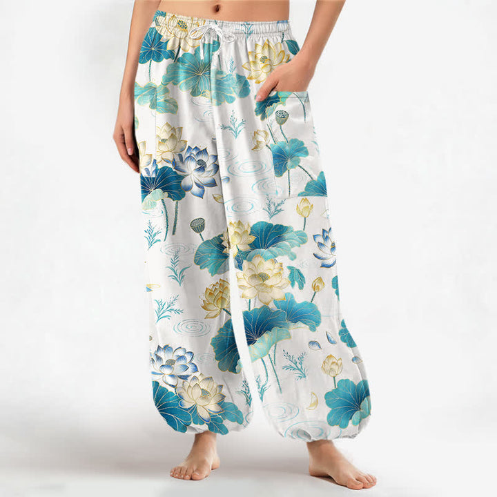 Buddha Stones Cotton Lotus Leaf Blossom Pattern Women's Elastic Waist Harem Pants With Side Pockets - White - US16，UK/AU20，EU48 (3XL) - image 7