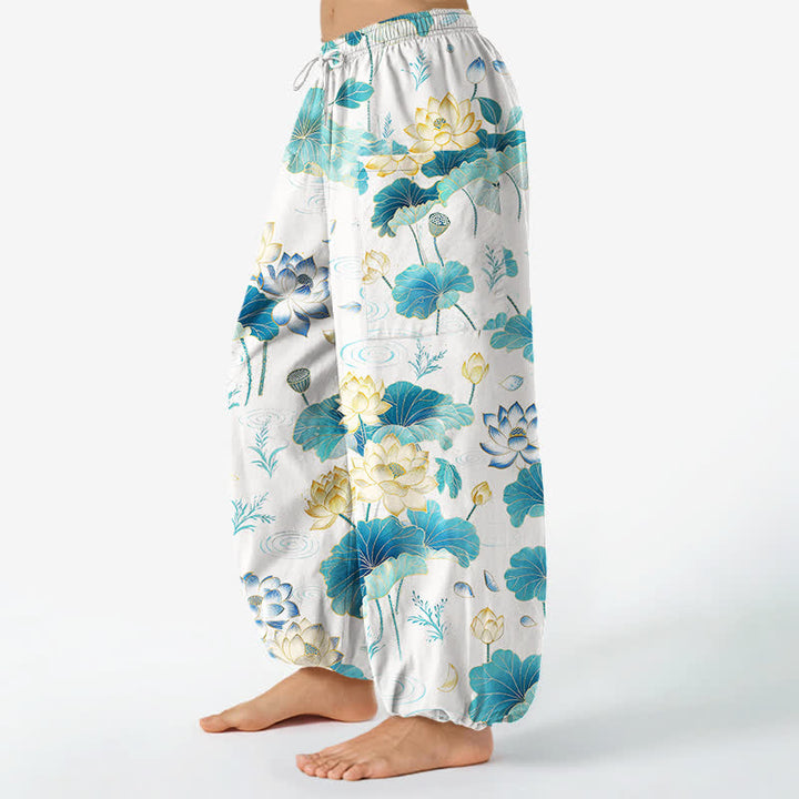 Buddha Stones Cotton Lotus Leaf Blossom Pattern Women's Elastic Waist Harem Pants With Side Pockets - image 8