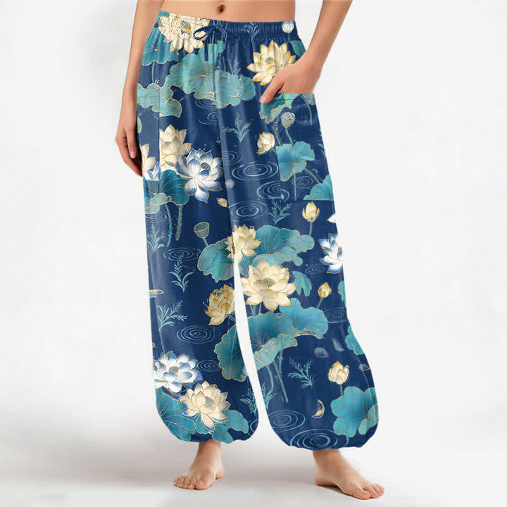 Buddha Stones Cotton Lotus Leaf Blossom Pattern Women's Elastic Waist Harem Pants With Side Pockets - RoyalBlue - US16，UK/AU20，EU48 (3XL) - image 10