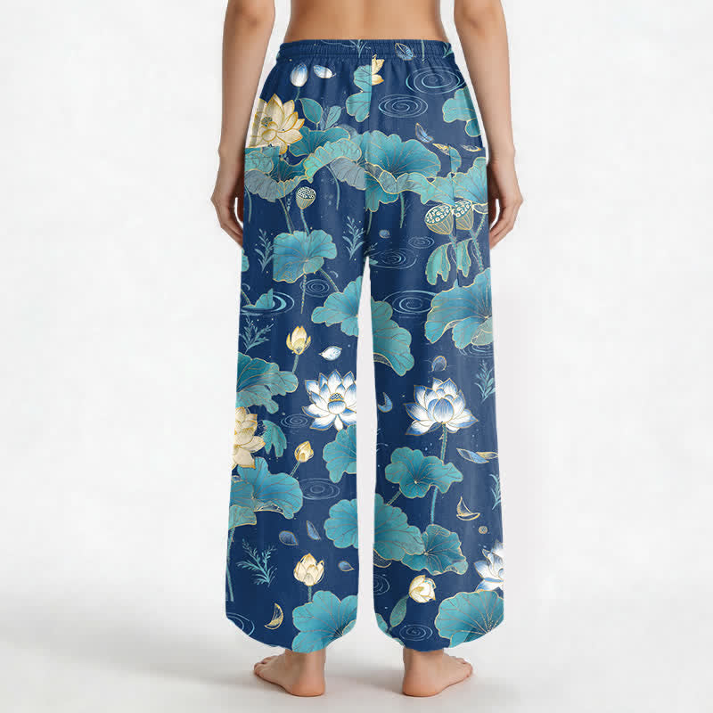 Buddha Stones Cotton Lotus Leaf Blossom Pattern Women's Elastic Waist Harem Pants With Side Pockets - image 12