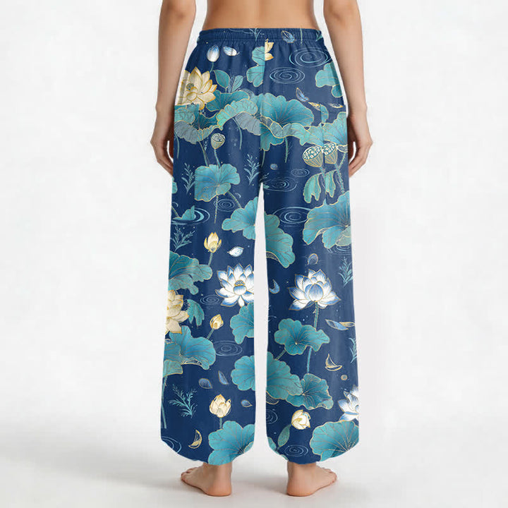 Buddha Stones Cotton Lotus Leaf Blossom Pattern Women's Elastic Waist Harem Pants With Side Pockets - image 12