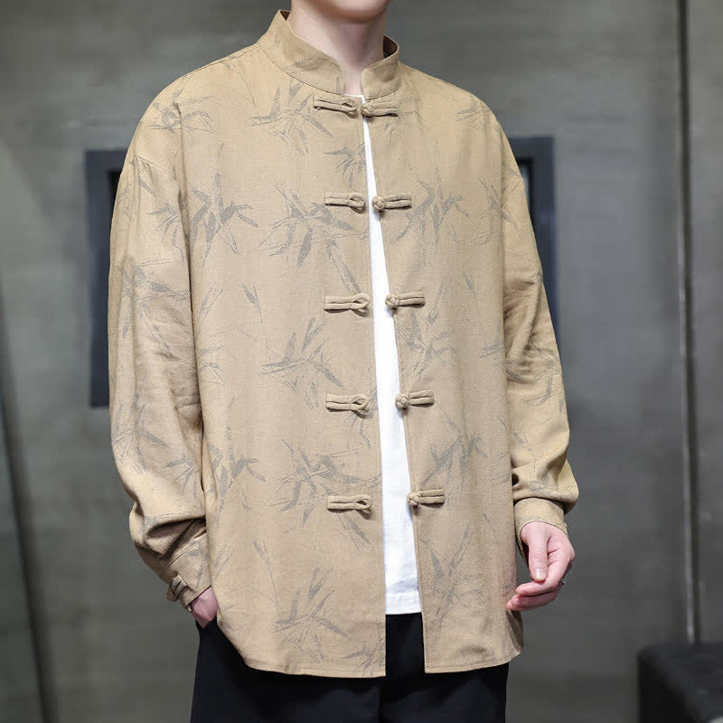 Buddha Stones Spring Casual Tang Style Frog Button Bamboo Print Men's Long Sleeve Shirts - image 14