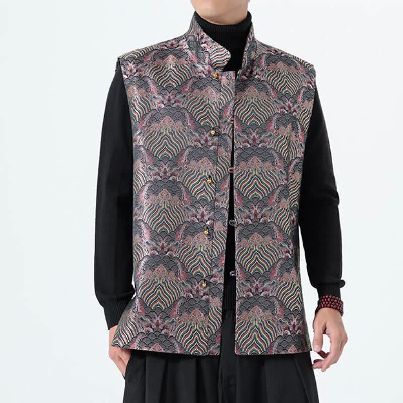 Buddha Stones Fall Tang Style Elegant Mandarin Collar Sea Waves Floral Pattern Tank Top Men's Vest - image 2