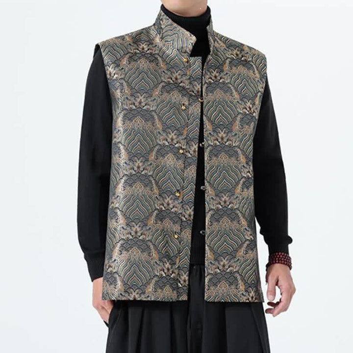 Buddha Stones Fall Tang Style Elegant Mandarin Collar Sea Waves Floral Pattern Tank Top Men's Vest - image 23