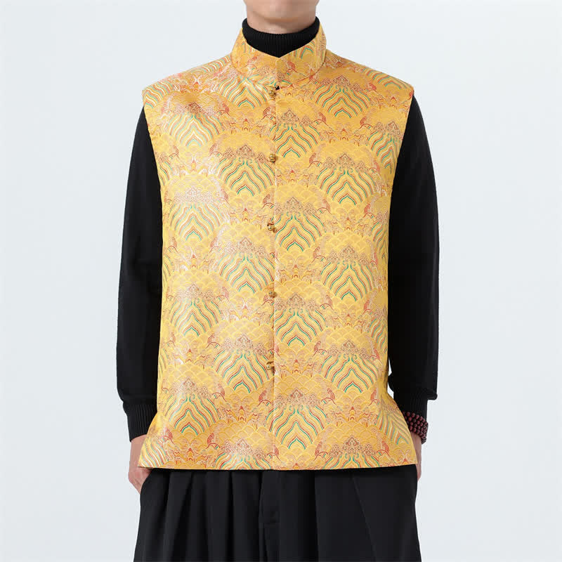 Buddha Stones Fall Tang Style Elegant Mandarin Collar Sea Waves Floral Pattern Tank Top Men's Vest - Gold - US/UK/AU46，EU56 (5XL) - image 15