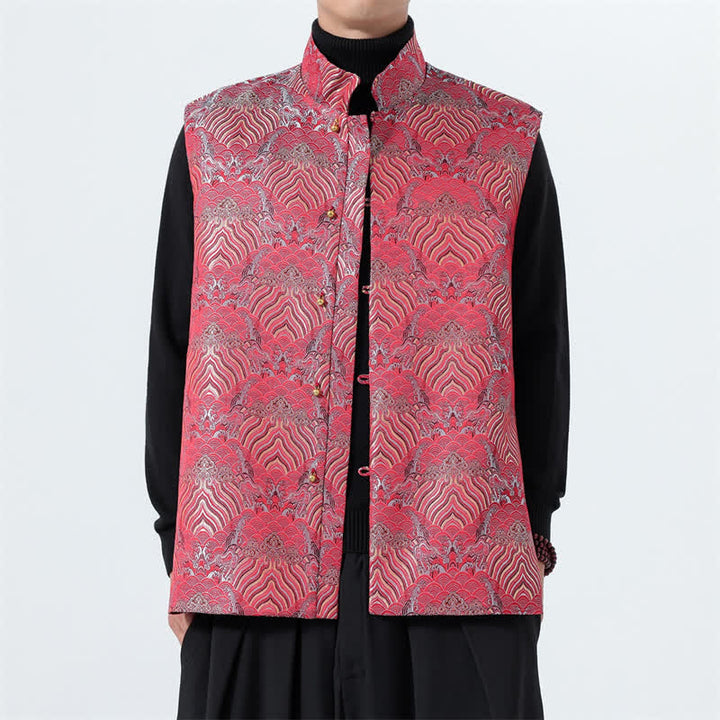 Buddha Stones Fall Tang Style Elegant Mandarin Collar Sea Waves Floral Pattern Tank Top Men's Vest - image 14