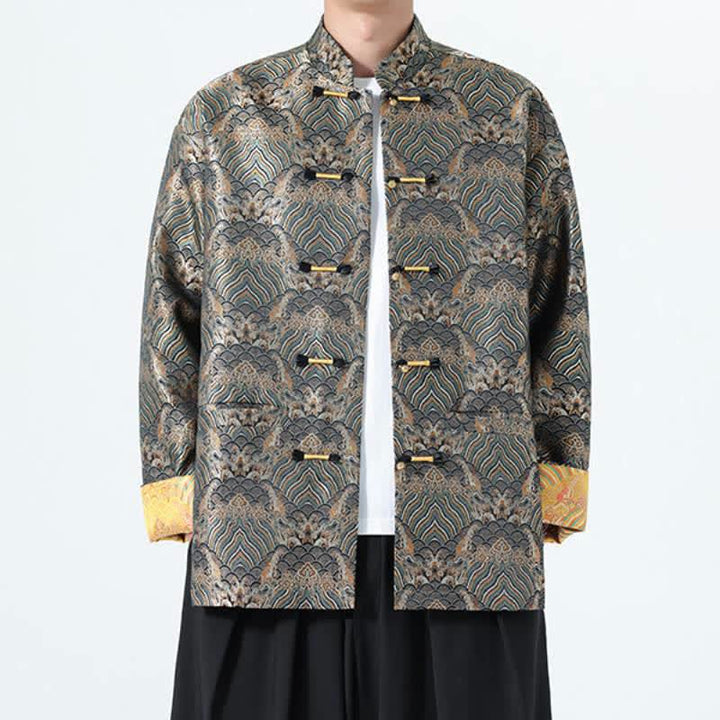 Buddha Stones Fall Winter Vintage Tang Style Frog Button Abstract Ocean Pattern Design Spandex Men's Jacket With Pockets - DarkOliveGreen - US/UK/AU46，EU56 (5XL) - image 12