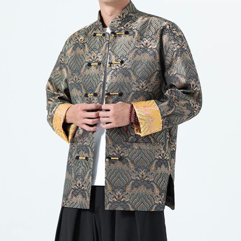 Buddha Stones Fall Winter Vintage Tang Style Frog Button Abstract Ocean Pattern Design Spandex Men's Jacket With Pockets - image 14