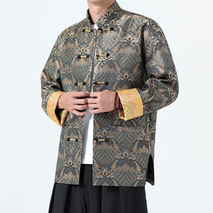 Buddha Stones Fall Winter Vintage Tang Style Frog Button Abstract Ocean Pattern Design Spandex Men's Jacket With Pockets - image 14