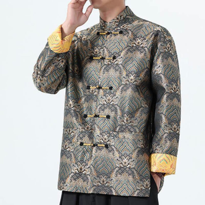 Buddha Stones Fall Winter Vintage Tang Style Frog Button Abstract Ocean Pattern Design Spandex Men's Jacket With Pockets - image 15