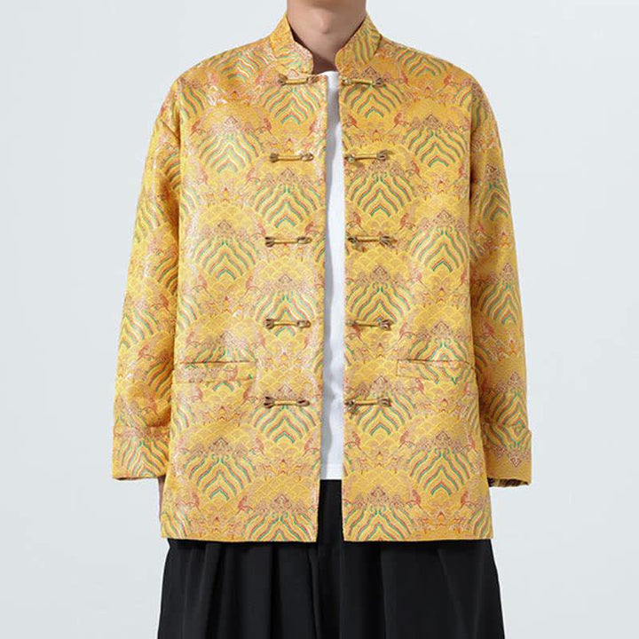 Buddha Stones Fall Winter Vintage Tang Style Frog Button Abstract Ocean Pattern Design Spandex Men's Jacket With Pockets - Gold - US/UK/AU46，EU56 (5XL) - image 6