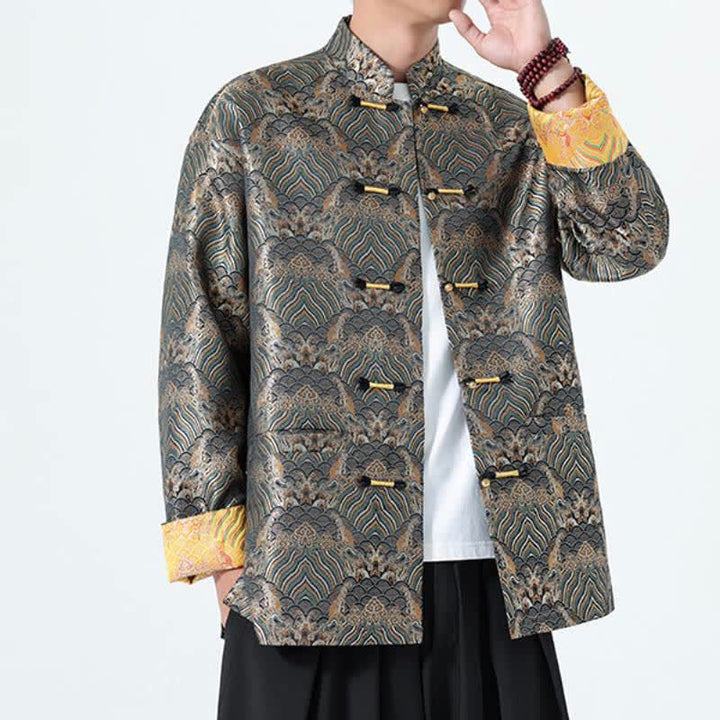 Buddha Stones Fall Winter Vintage Tang Style Frog Button Abstract Ocean Pattern Design Spandex Men's Jacket With Pockets - image 13