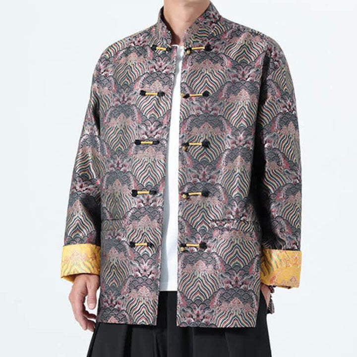 Buddha Stones Fall Winter Vintage Tang Style Frog Button Abstract Ocean Pattern Design Spandex Men's Jacket With Pockets - image 2
