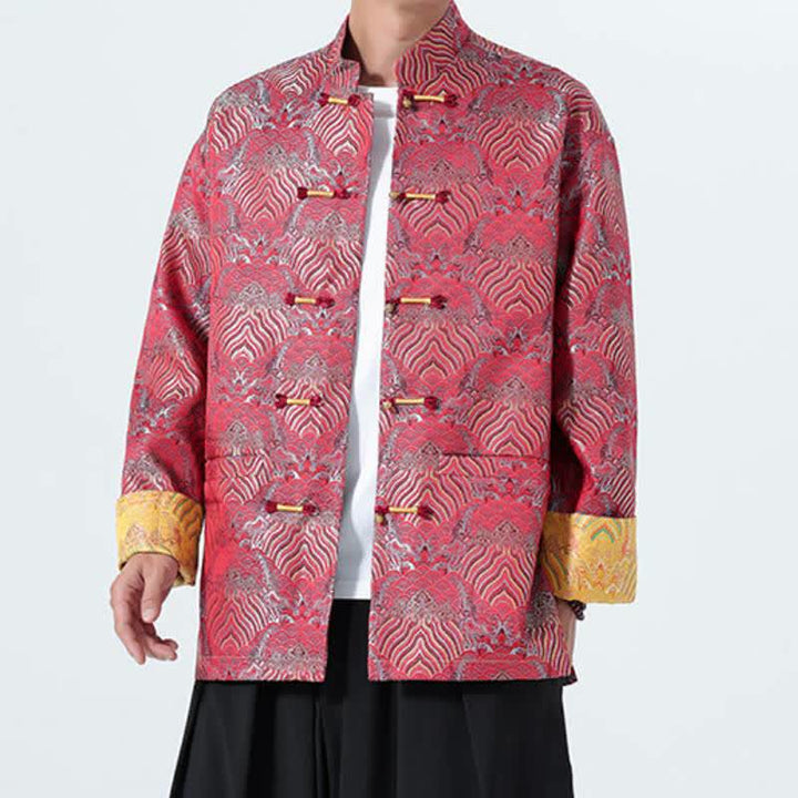 Buddha Stones Fall Winter Vintage Tang Style Frog Button Abstract Ocean Pattern Design Spandex Men's Jacket With Pockets - image 5