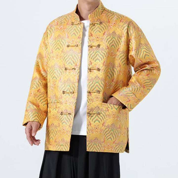 Buddha Stones Fall Winter Vintage Tang Style Frog Button Abstract Ocean Pattern Design Spandex Men's Jacket With Pockets - image 9