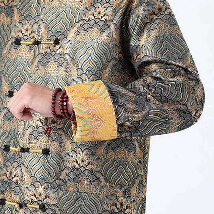 Buddha Stones Fall Winter Vintage Tang Style Frog Button Abstract Ocean Pattern Design Spandex Men's Jacket With Pockets - image 18