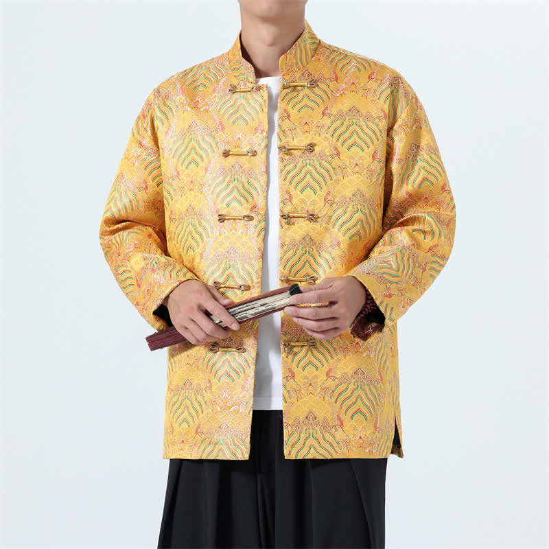 Buddha Stones Fall Winter Vintage Tang Style Frog Button Abstract Ocean Pattern Design Spandex Men's Jacket With Pockets - image 11