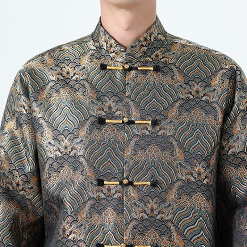 Buddha Stones Fall Winter Vintage Tang Style Frog Button Abstract Ocean Pattern Design Spandex Men's Jacket With Pockets - image 17