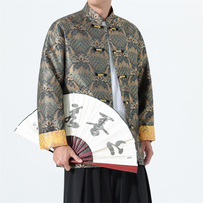 Buddha Stones Fall Winter Vintage Tang Style Frog Button Abstract Ocean Pattern Design Spandex Men's Jacket With Pockets - image 19