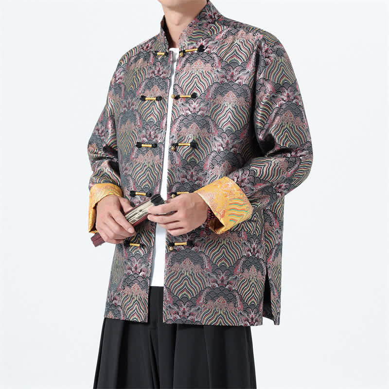 Buddha Stones Fall Winter Vintage Tang Style Frog Button Abstract Ocean Pattern Design Spandex Men's Jacket With Pockets - Thistle - US/UK/AU46，EU56 (5XL) - image 0